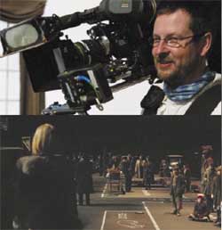 Lars von Trier with Steadicam (above), On the Dogville set (below) 