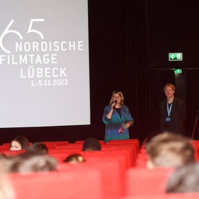 Hanna Reifgerst (moderator), Gustav Bohman (production assistant "And the King Said, What a Fantastic Machine") © Nordische Filmtage Lübeck / Christine Rudolf