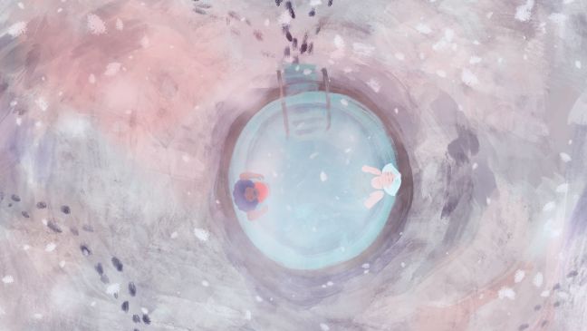 Neema und Svana im Jacuzzi im Schnee, von oben