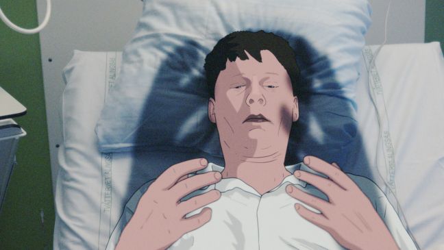 ein Mann in einem Krankenbett betrachtet seine Hände