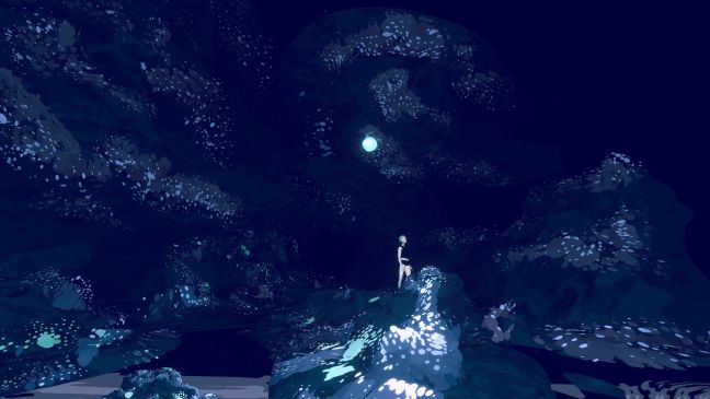 Der Mond scheint über einer Landschaft, eine Person steht in der Bildmitte