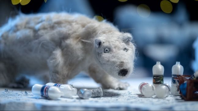 Nahaufnahme Eisbär mit vielen Plastikflaschen