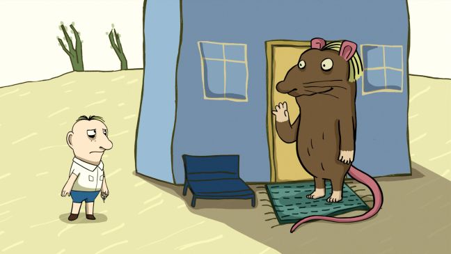 Der Mann kommt nach Hause und die riesige Ratte steht lächelnd vor seiner Haustür