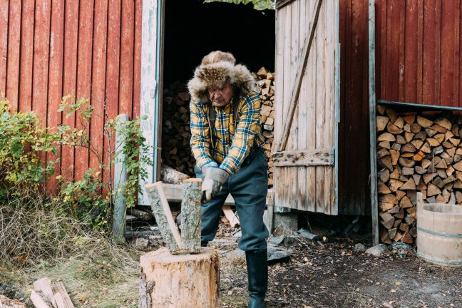 Alter Mann spaltet Holz