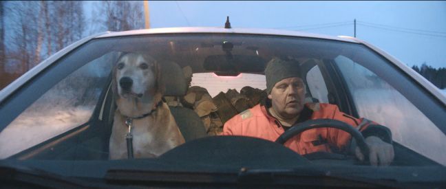 Tero und Jörö (Hund) im Auto, auf der Hinterbank, viel Holz
