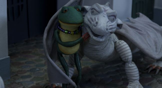 Frosch und Drache umarmen sich
